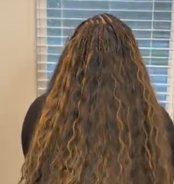 Back view of a person with long, wavy hair styled in flip-over Fulani braids, showcasing a mix of knotless braids and cornrows.